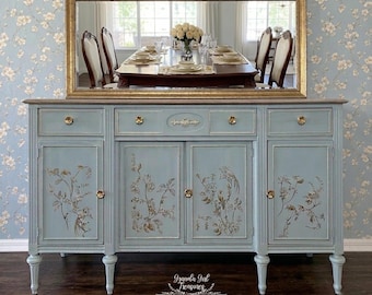 Custom Blue Sideboard Buffet - Handpainted - Gold Leaf Birds and Branches
