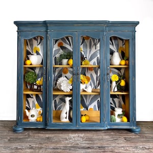 French Provincial Hutch,  French Kitchen liquor cabinet, Hand Painted Blue office book shelf storage,