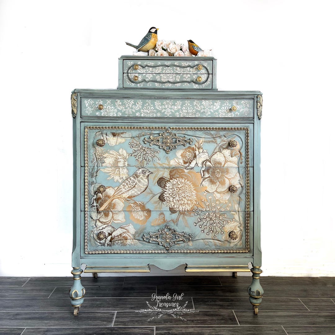 Sample/victorian Style Duck Egg Blue Tallboy Dresser: Bronze Gold Bird Design