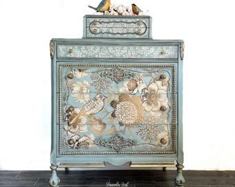 SAMPLE/Victorian Style Duck Egg Blue Tallboy Dresser: Bronze Gold Bird Design