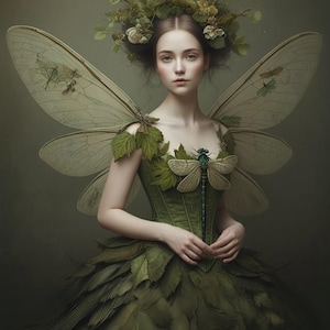 May include: A woman wearing a green dress with leaf accents and large, delicate wings. She holds a dragonfly-shaped wand with a green and blue body.