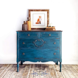 Hand Painted Blue solid wood antique dresser, chest