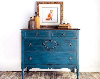 Hand Painted Blue solid wood antique dresser, chest