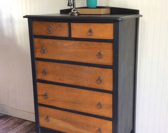 Vintage Solid Oak Rustic Farmhouse Tallboy Dresser: Hand Painted Black Oak Furniture