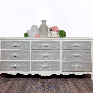 French Provincial Grey White nine Drawer Dresser, Grey bureau, white credenza, solid wood dresser, ready to ship, Custom Order