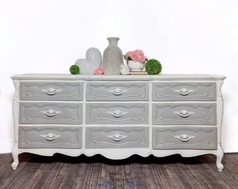 French Provincial Grey White nine Drawer Dresser, Grey bureau, white credenza, solid wood dresser, ready to ship, Custom Order