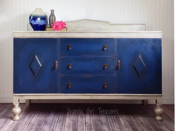 Vintage Blue Silver Buffet Dining Room Buffet Antique Liquor Etsy
