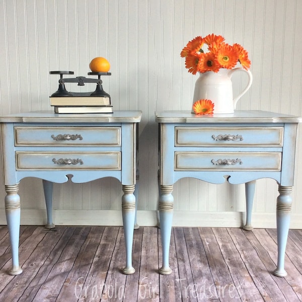 SAMPLE/Pair Hand Painted Blue End Table: Vintage Fancher Two Solid Wood Nightstands