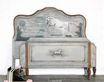 Vintage Wood Bed frame Queen Full Headboard Footboard, Horse White,  Unique Custom Bedroom