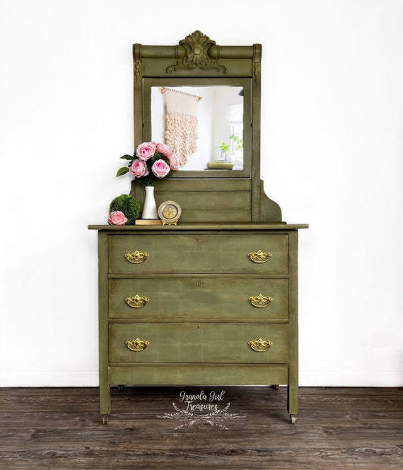 Victorian Vanity Dresser Mirrored Bureau Olive Green Chest Etsy