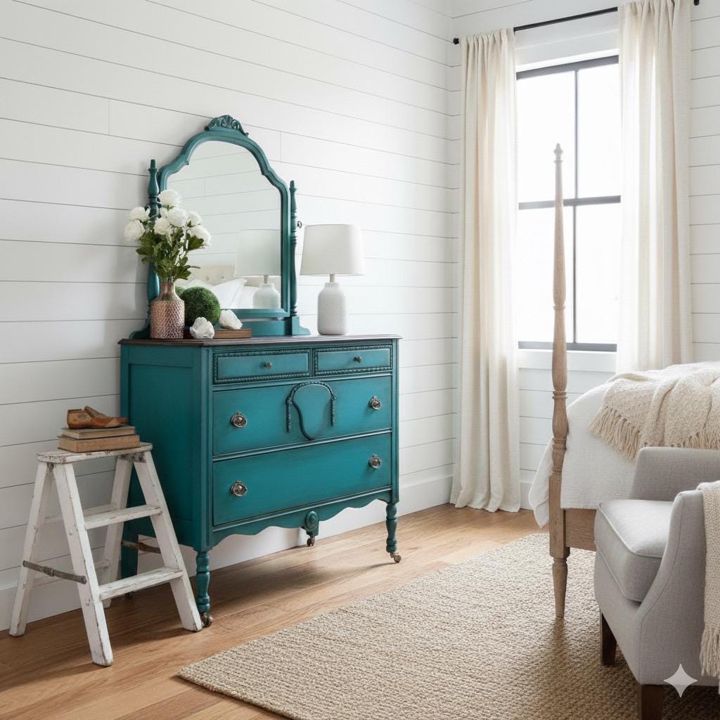 teal and grey dresser Henley Scalloped Edge 6 Drawer Wide Dresser, Blue Spruce main image 0