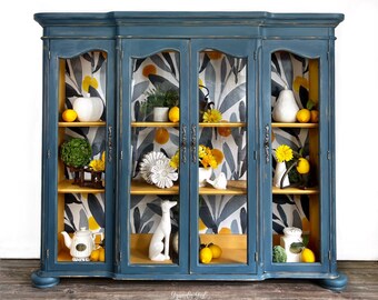 French Provincial China Cabinet, vintage Bookshelf, Kitchen Hutch, Shelving Storage Cabinet