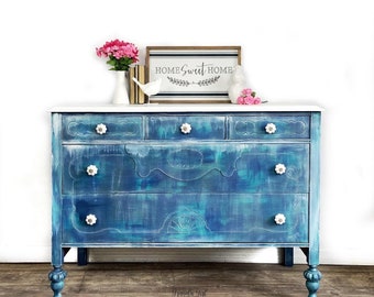 Blue Dresser, Vintage bureau, chest, Custom Order