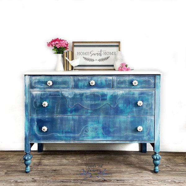 Blue Dresser, Vintage bureau, chest, Custom Order