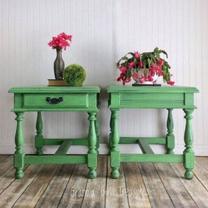 Vintage End Tables, Green End Tables, Hand Painted Nightstands, Pair Nightstands, Green Black Shabby Chic Tables, Wood Accent Tables