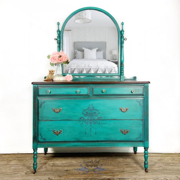 Victorian Teal Solid Wood Dresser with Mirror - Custom Order