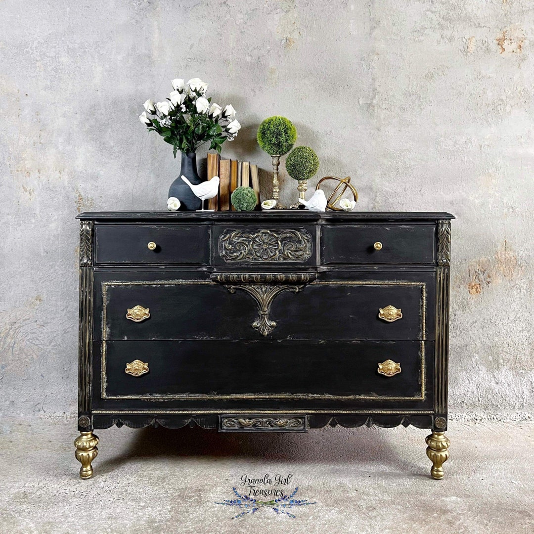 Black Vintage Dresser, Gold Accents Solid Wood Antique Sideboard, Black Armoire, Boho Black Etsy
