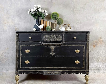 Black Vintage Dresser, Gold Accents Solid Wood Antique Sideboard, Black armoire, Boho black