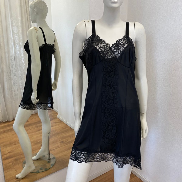 Black Vintage Slip Dress / Underslip/ Nylon Lace slip dress