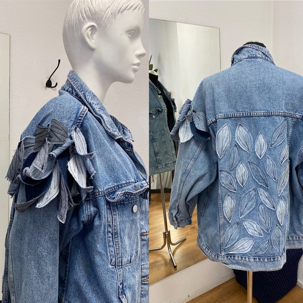 Upcycled jean jacket, Stylish jackets, Patchwork Zerowaste fashion jacket