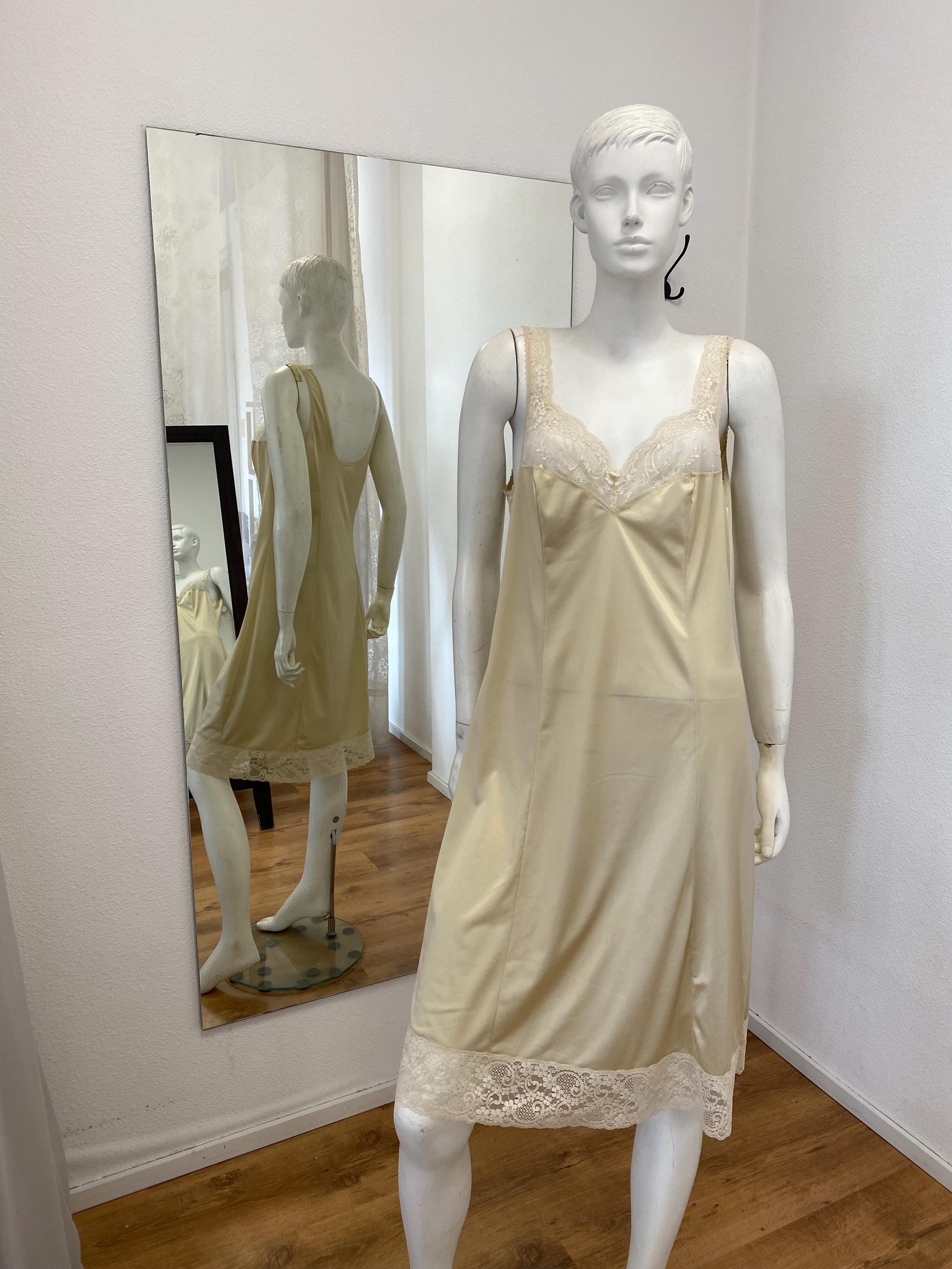 Beige Vintage Slip Dress/ Vintage Lingerie Dress/ Nylon Lace Slip Dress