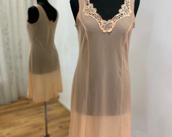 Salmon color Vintage Slip Dress / Underslip/ Nylon Lace slip dress