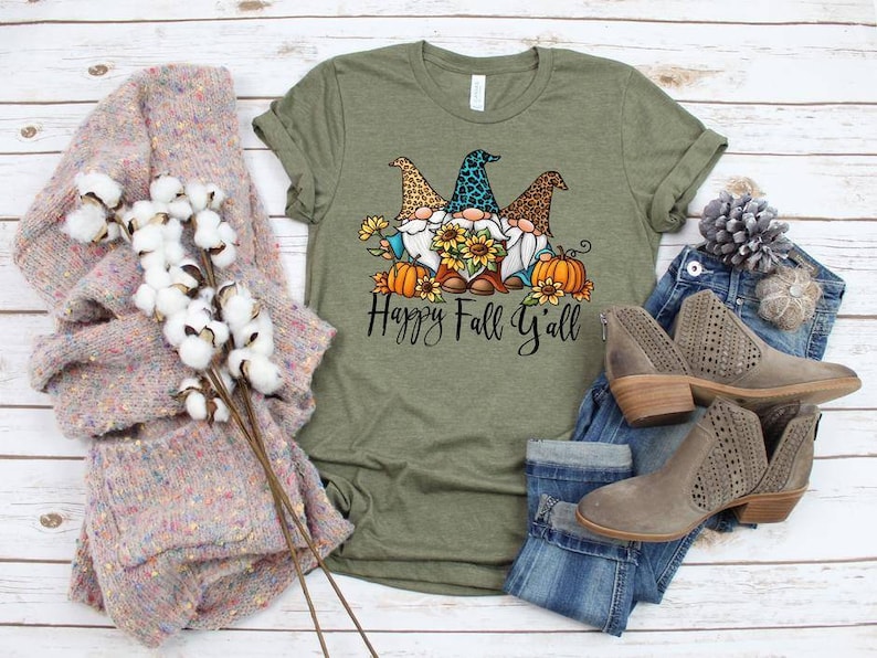 Happy Fall y/'all graphic tee screen print shirt gnomes and sunflowers