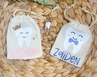 Personalized Tooth Fairy Bag & Glass Tooth Jar | First Lost Tooth Keepsake | Burlap Tooth Fairy Gift for Kids