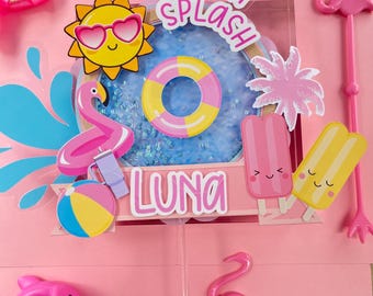 Pool Party Cake Topper | Glitter Summer Birthday Decoration | Poolside Birthday Party Decor