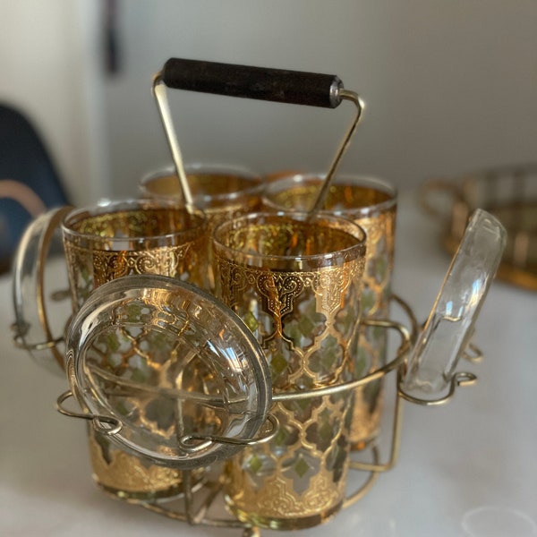 RARE Set Of Culver “Valencia” High Ball Glasses in Original Caddy with Coasters!