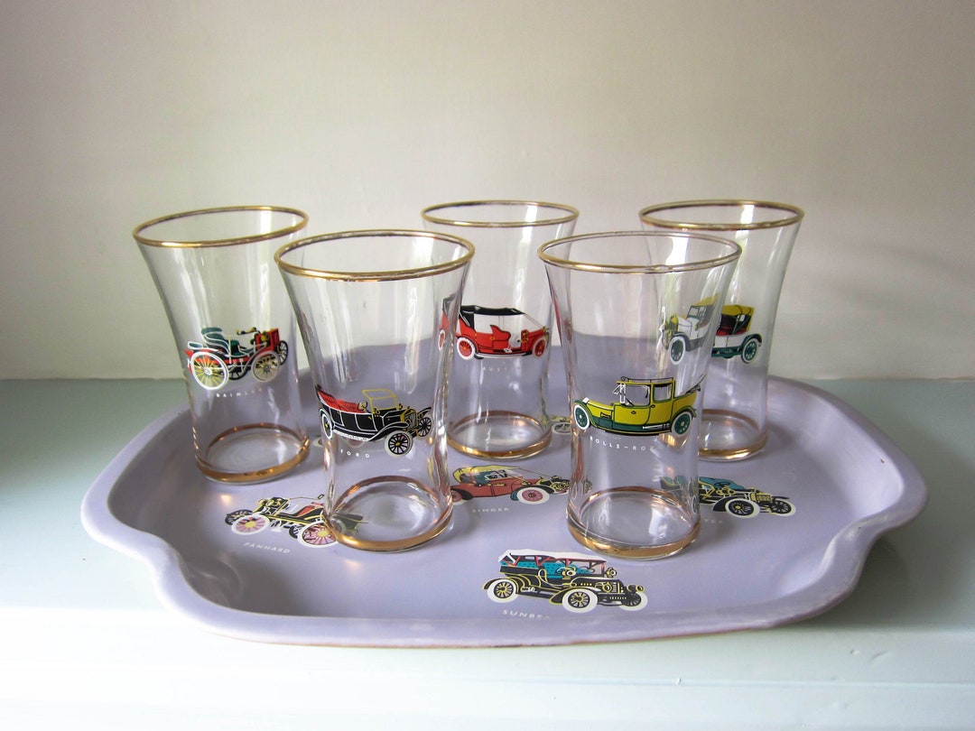 Vintage Car Shot Glasses With Matching Tray, MCM, Shot Glasses, Bar
