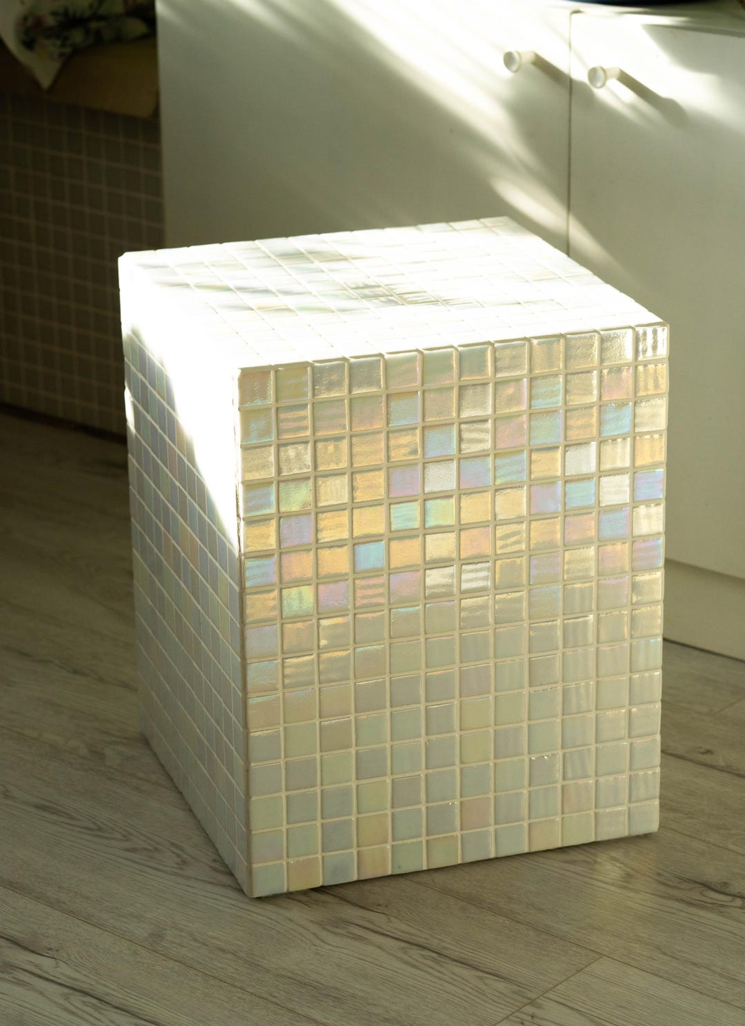 Tile Table Cube Handcrafted Tiled Pearl Cube Table: Mosaic Accent Stand (32cm/12.5