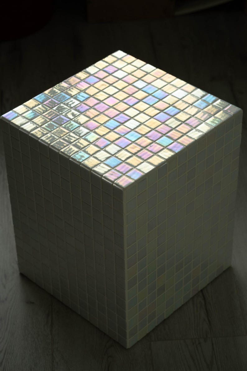 Tile Table Cube Handcrafted Tiled Pearl Cube Table: Mosaic Accent Stand (32cm/12.5