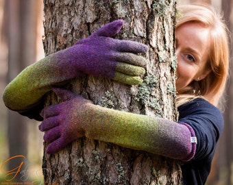 Wool knitted convertible mittens, Long rainbow boho gloves, Winter long gloves, Autumn rainbow gloves, Wool mittens, Convertible gloves