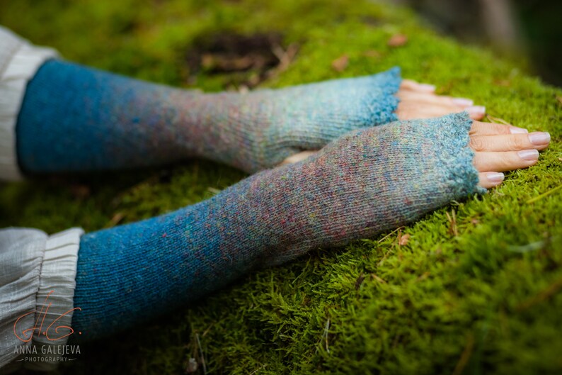 Eco wool wrist warmers Knitted long mittens Boho fingerless gloves Rainbow arm warmers Long rainbow mittens Wool knitted boho gloves