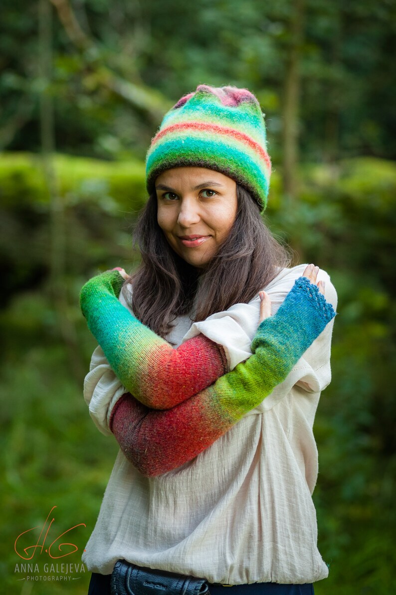 Eco wool wrist warmers Knitted long mittens Boho fingerless gloves Rainbow arm warmers Long rainbow mittens Wool knitted boho gloves