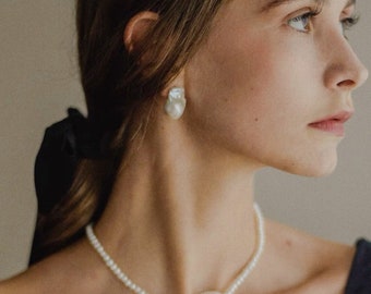 AAA + | Large baroque pearl earrings stud  I Flameball white pearl | Freshwater pearl | Pearl earrings| earrings Studs | Bridal Earrings