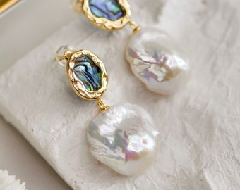 AAA + | Large baroque pearlI Flameball white pearl | Freshwater pearl | Dangling earrings| Bridal Earrings | Abalone & Mother of Pearl