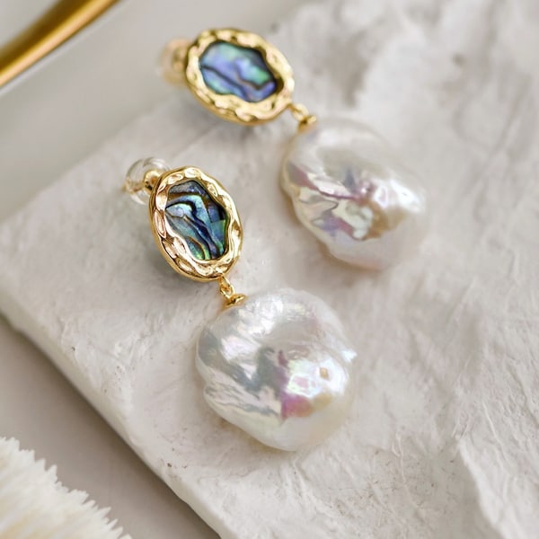 AAA + | Large baroque pearlI Flameball white pearl | Freshwater pearl | Dangling earrings| Bridal Earrings | Abalone & Mother of Pearl