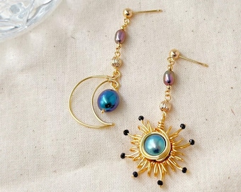 Sun and Moon Celestial Earrings | Black Pearl Dangle | Gold Wire Wrapped Earrings | Boho Cosmic Jewelry Gift