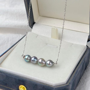 4 Slivery Blue Akoya Pearls Necklace | sterling silver | Rare Colors|  6.5-7mm | Saltwater pearl | Bridesmaid Necklace | Gift for her