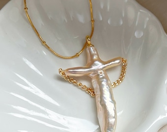 Baroque Freshwater Pearl Cross Necklace - Gold Religious Jewelry