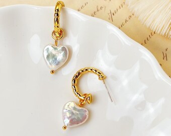 Dainty Pearl Heart Hoop Earrings: 18k Gold, S925 Silver Post