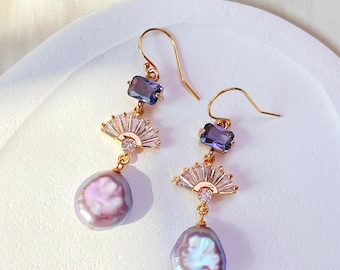 Baroque Pearl Drop Earrings: Gold Fan, Purple Zirconia, Bridal Jewelry