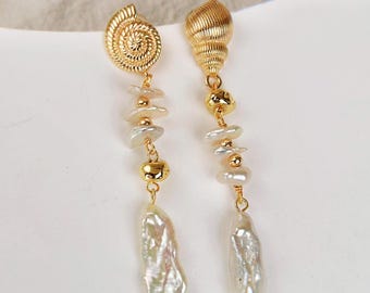 Golden Seashell Pearl Earrings: Biwa Keshi Baroque Dangle