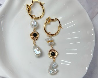Mismatched Keshi Pearl Drop Earrings: 14K Gold-Plated Sterling Silver