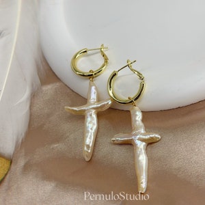 Baroque Pearl Cross Hoop Earrings: 18k Gold | Freshwater pearl |  Chunky statement earrings | Big cross earrings | Gift for her