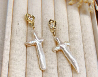 Freshwater Pearl Cross Earrings: Gold Zirconia Dangle Earrings