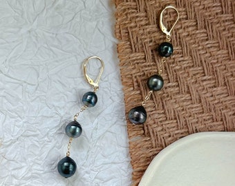 7-10mm| Triple Genuine Tahitian Pearl | Lever Back Earrings | 14K Gold Filled | black pearl | saltwater|