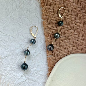 7-10mm| Triple Genuine Tahitian Pearl | Lever Back Earrings | 14K Gold Filled | black pearl | saltwater|